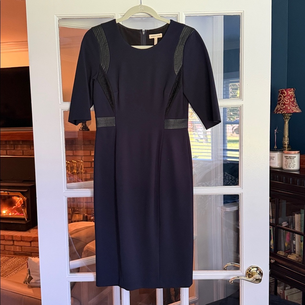 Rebecca Taylor Deep Blue Dress w, black leather and lace trim. Sz 4.
